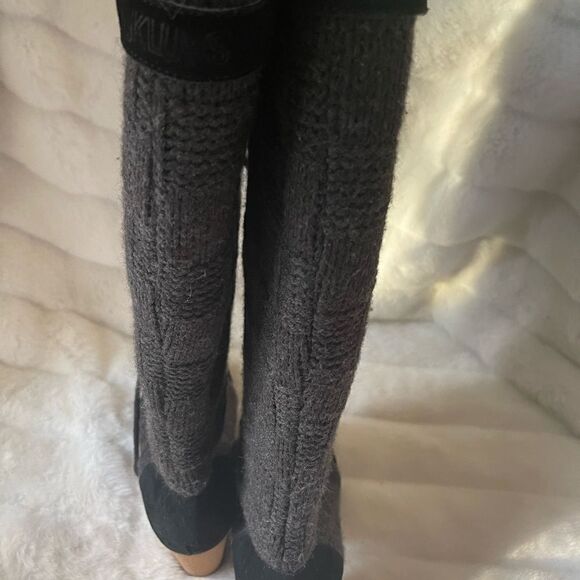 Mukluks dark gray textile & black leather suede trim lace up knee high boots SZ9 - Picture 5 of 10
